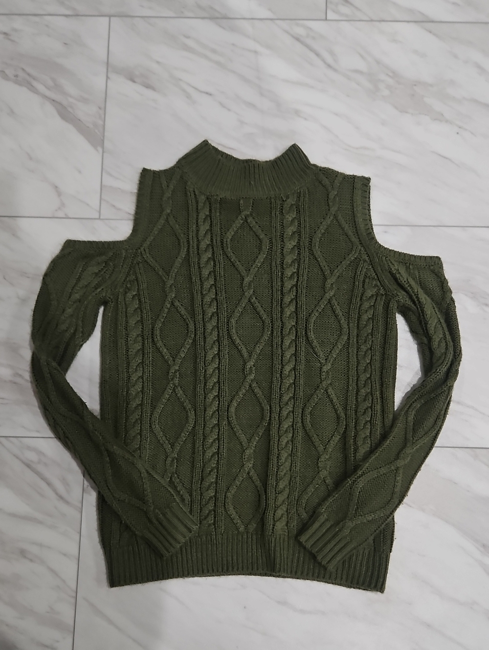 Cloud Chaser Olive Green Cold-Shoulder Cable Knit Sweater